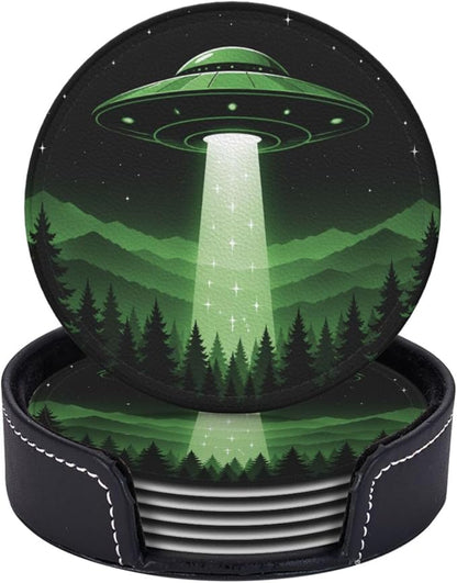 Modern UFO Mountain Art Leather Coasters Set of 6 by NeuKim