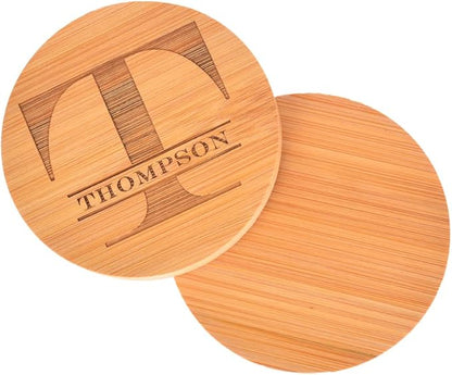 Personalized Coasters, Custom Engraved Coasters, Bamboo Coasters for Drinks, Monogram Coasters with Holder, Great Gifts for Relatives, Friends or Yourself (T, Set of 4)