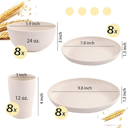 Supernal Wheat Straw Dinnerware Sets,Dish Sets for 8,Plates and Bowls Set Dishwasher Safe,Unbreakable Dinnerware,Reusable Plastic Plates,Beige Color 16pcs Plates, 8pcs Bowls, 8pcs Cups.