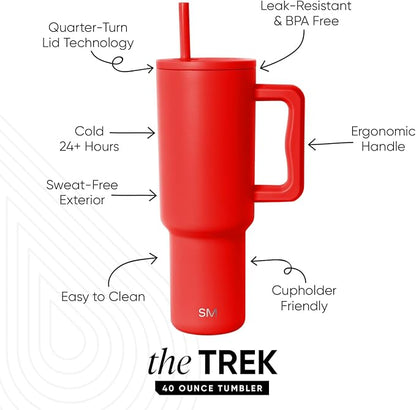 Simple Modern Tumbler with Handle and Straw | 40oz | Red | Trek Tumbler - Image 3