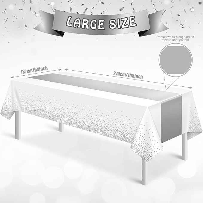 MASHAN 1Pcs White Silver Tablecloth Party Decorations, Plastic White Table - Image 3