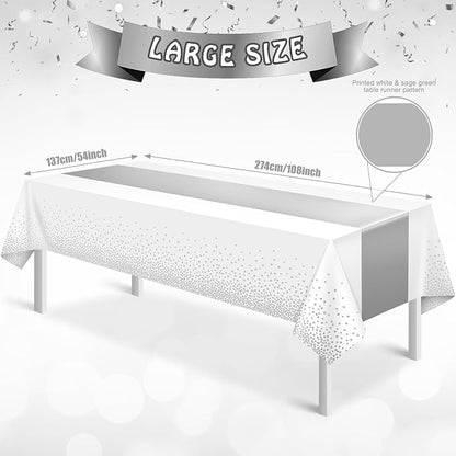 MASHAN 6Pcs White and Silver Polka Dot Plastic Tablecloth, 54x108 Inch - Image 2
