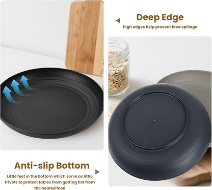 Wheat Straw Plates 9 Inch, Unbreakable Plastic Plates Reusable, Dinner Plates Set of 8, Lightweight Kitchen Plate, Dishwasher & Microwave Safe Plate for Outdoor, Camping, Picnic(Black, Grey)