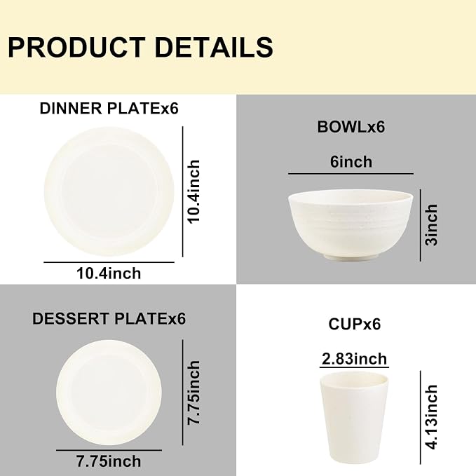 Rubtlamp 24 Pcs Wheat Straw Dinnerware Sets, Unbreakable Reusable Plastic Wheat - Image 2