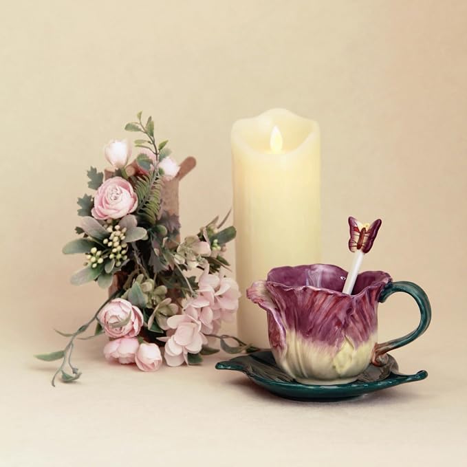 Ceramic Tea Cup and Saucer Set ，6OZ 3D Hand-Painted Flower and Lotus Leaf - Image 6