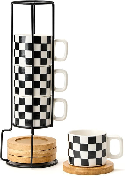 LUKA Porcelain Stackable Black and White Checkered Espresso Cups by LUKA