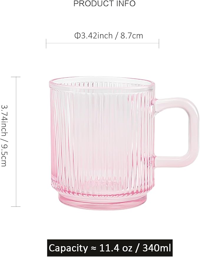 Glass Coffee Mugs 6 Pack - 12 OZ Pink Coffee Cups - Classic Vertical Stripes - Image 2