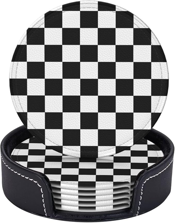 Drink Coasters with Holder Stand Set of 6 Black and White Checkerboard Pu by Unknown