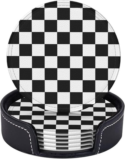 Drink Coasters with Holder Stand Set of 6 Black and White Checkerboard Pu by Unknown