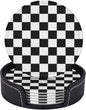 Drink Coasters with Holder Stand Set of 6 Black and White Checkerboard Pu by Unknown