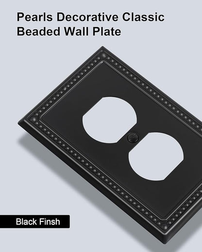 4-Pack Duplex Outlet Cover, Black Metal Wall Plates for Electrical Outlets, 1 Gang Receptacle Light Switch Cover, Pearls Beaded Decorative Switch Plates and Outlet Covers