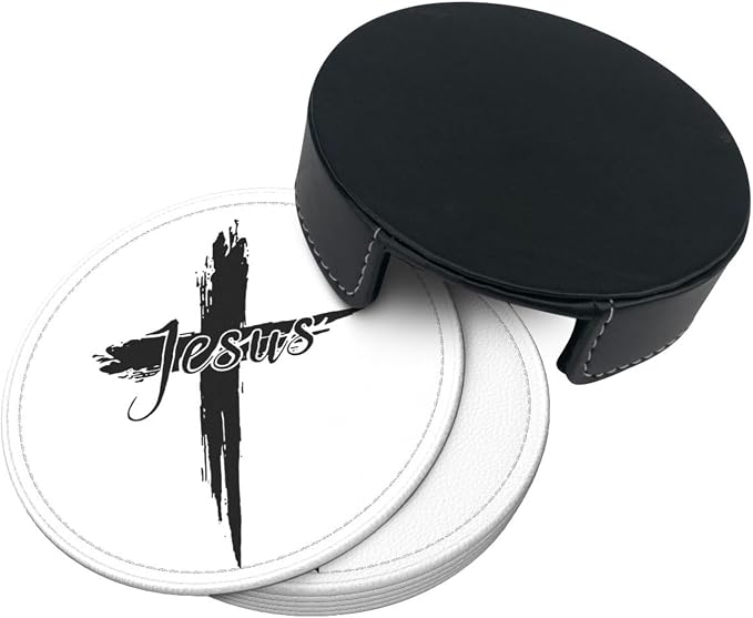 Jesus Cross Coasters for Drinks Set of 6, Round Leather Coaster - Image 9