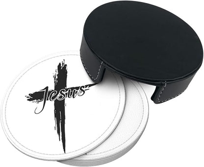 Jesus Cross Coasters for Drinks Set of 6, Round Leather Coaster - Image 9