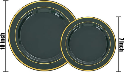 NOCCUR 200PCS Green Plastic Plates for 100 Guests - Include 100PCS 10" Dinner/ 100PCS 7" Dessert Disposable Plates Heavy Duty - Ideal for Party/Wedding