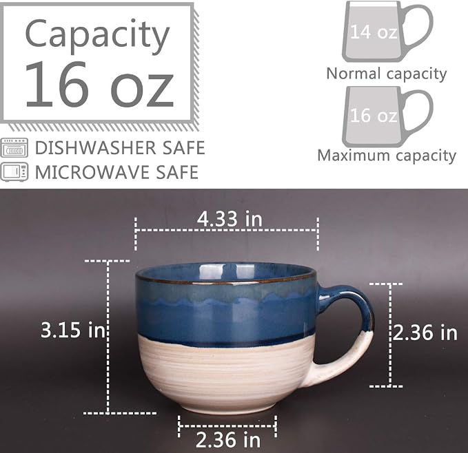 Bosmarlin Large Ceramic Coffee Mug Set of 2, Stoneware Latte Mug - Image 2