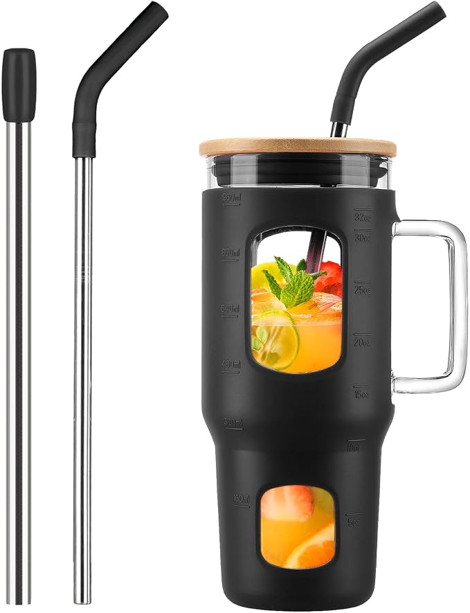WINSA Glass Tumbler with Lid, 32 oz Glass Cup with Handle, Glass Water Bottles by WINSA