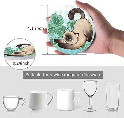 Coasters Absorbent Ceramic Coaster Drink Coasters with Cork Back Lazy Cats Set of 6 Round Coaster Non Slip for Coffee Table Wine Glass Home Bar 4 Inch, Cute