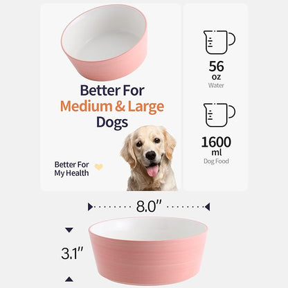 Pink Elevated/Raised Dog Bowl Ceramic with Wood Stand for Medium Large Breed,Dog Food Water Dish Heavy Weighted,8 in Non Slip Modern Cute Porcelain Pet Bowl Extra Large Wide Mouth