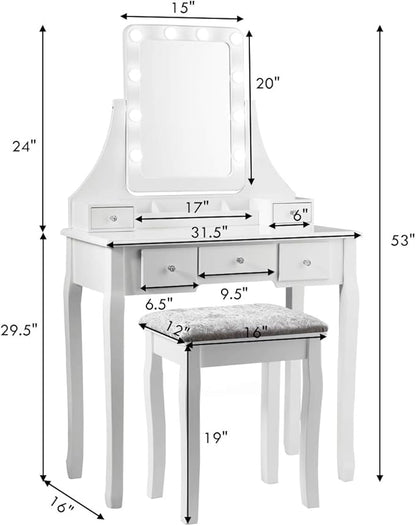 DORTALA Vanity Table Set w/ 360-Degree Rectangular Mirror & Cushioned Stool, Makeup Table w/ 10 LED Dimmable Bulbs, Bedroom Wood Dressing Table w/ 5 Drawers & Removable Box Organizer, White