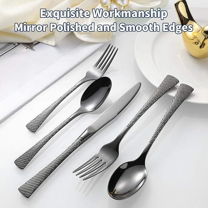Hammered Black Silverware Set, 20 Piece Modern Flatware Set Service - Image 7