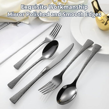 Hammered Black Silverware Set, 20 Piece Modern Flatware Set Service - Image 7