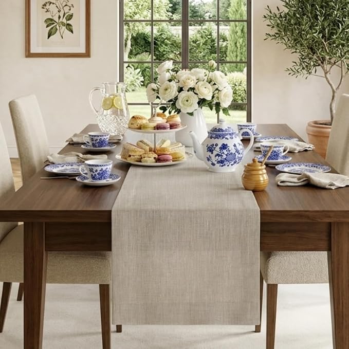 Classic Linen™ by D'Moksha Natural Table Runner 120 Inches Long, 100% Pure Linen by DMokshaHomes