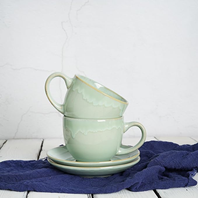Bosmarlin Ceramic Cappuccino Cup and Saucer Set of 2, 10 Oz, Coffee Cups - Image 6