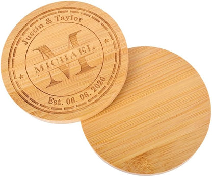 Personalized Coasters, Custom Engraved Coasters, Bamboo Coasters for Drinks, Monogram Coasters with Holder, Great Gifts for Relatives, Friends or Yourself (M, Set of 4)