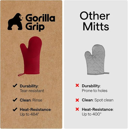 GORILLA GRIP BPA-Free Soft Silicone Oven Mitts, 14.5x8.3, Heat Resistant and Waterproof Cooking Gloves, Thick Cotton Lining, Flexible Gripping Kitchen Potholders Set of 2, Christmas Kitchen Decor, Red