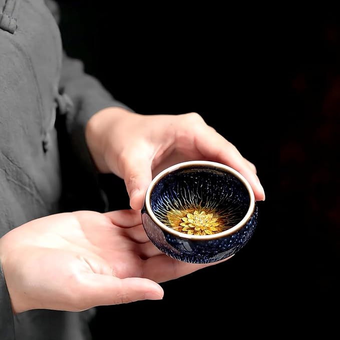 Tenmoku Ceramic Tea Cup with Lotus, 3 oz Chinese Small Teacup | Handmade - Image 2