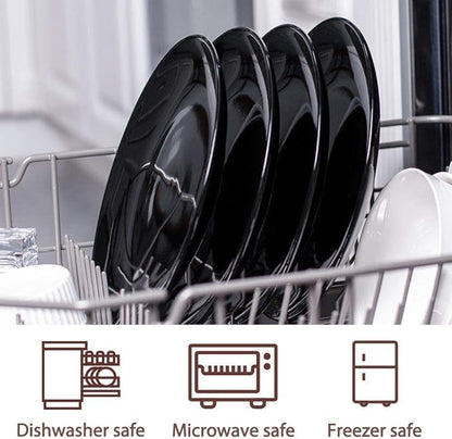 DELLING 10 inch Black Dinner Plates Set, Porcelain Dessert/Salad Plate, Serving Dishes, Dinnerware Sets, Scratch Resistant, Lead-Free, Microwave, Oven, and Dishwasher Safe - Set of 4