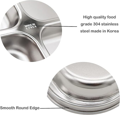 Korean Stainless Steel Divided Plates for Toddlers, Kids, Babies, Premium 304, Electro-Polished, No Black Residue, BPA-Free, 4-Compartment Food Tray, Camping, Balanced Meals, Set of 2