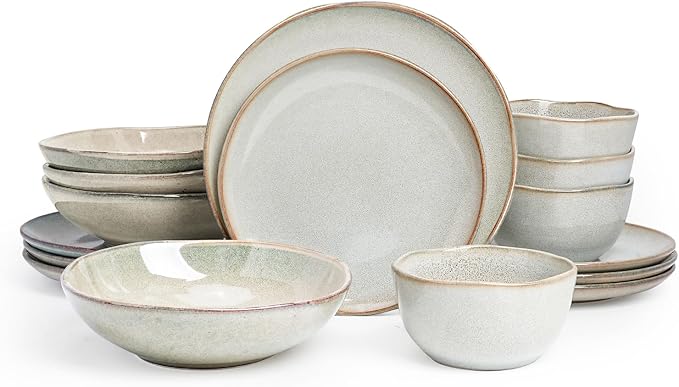 Highland 16pc Dinnerware Set, Unique Organic Shape Double Bowl, Stoneware Plate by HomeVSS