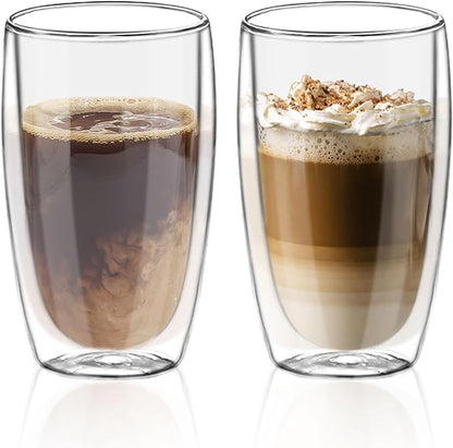 Double Wall Glass Coffee Mugs Set of 2, 15oz/440ml Insulated Glass Mugs by LYTDMSKY