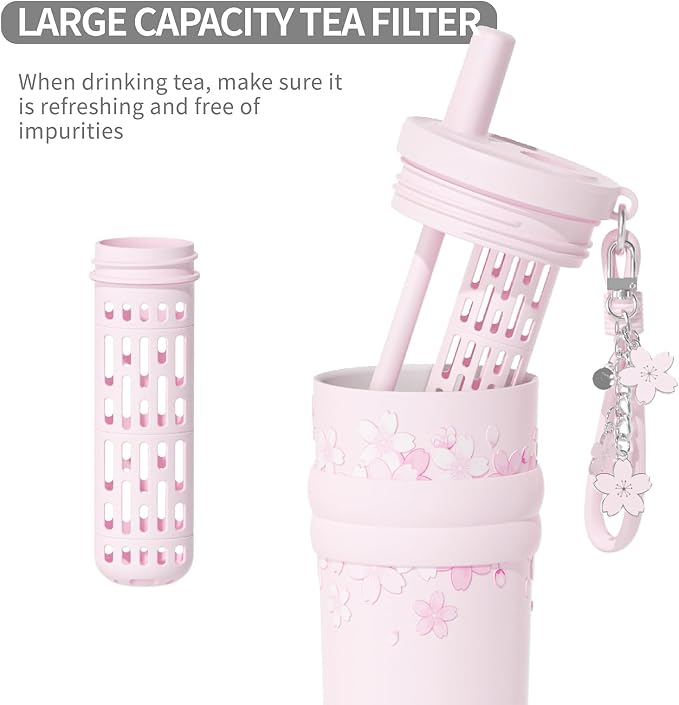 18.5 oz Thermo Cup with Straw, Elegant Cherry Blossom Embossed Design, Vacuum - Image 3