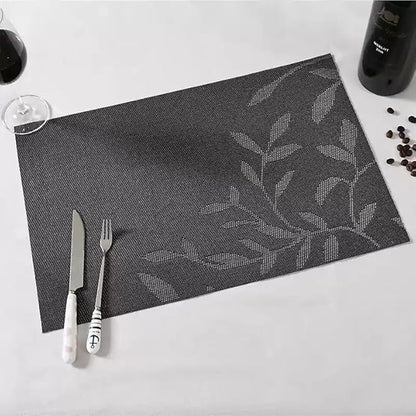 Leaf Placemats Set of 8 Non-Slip Heat-Resistant Vinyl Washable Place Mats for Kitchen Table Indoor Outdoor Durable (18"x12", Black)