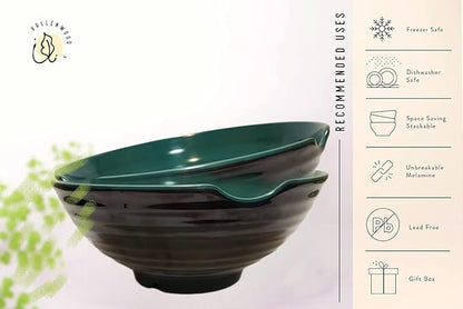 4 XL Ramen bowl set, 12 Pieces Pho Bowls Set, Asian Japanese soup with Spoons and Chopsticks. Restaurant Quality Melamine, 52 oz for Noodles, Udon, Thai, Chinese dinnerware (Green Black, 9 inch x4)