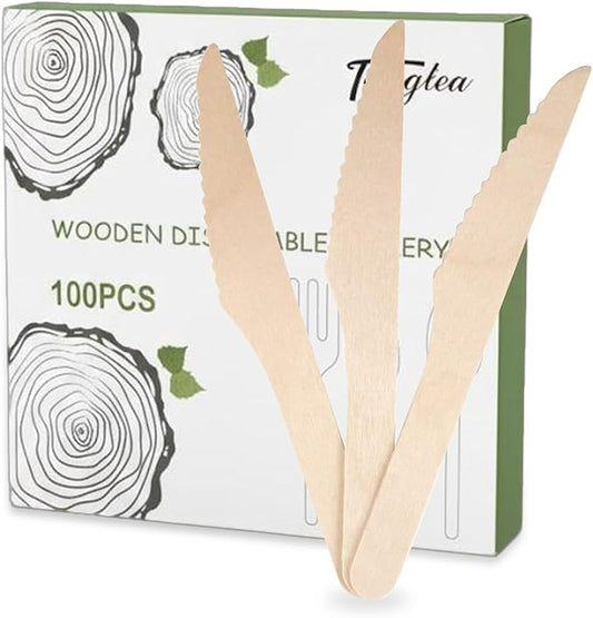 100 Pack Disposable Knives - 6.5 Inch Length Wooden Cutlery - Biodegradable Silverware For Catering Formal Events, Parties, BBQ, Picnic, Camping, Travels, Weddings, Dinner And All Other Occasions