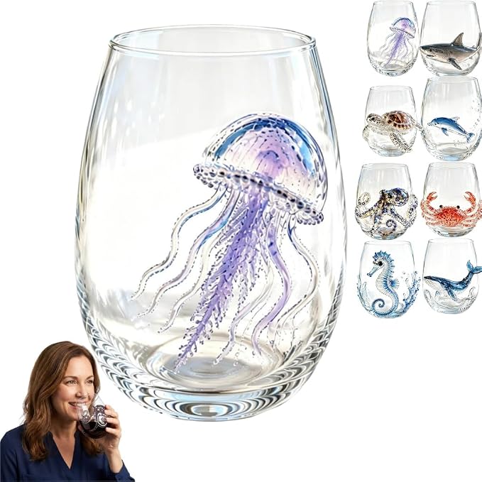 Artisanal Blue Ringed Octopus Glassware, 3D Ocean Glass Wine Glass，Jellyfish | by Unknown