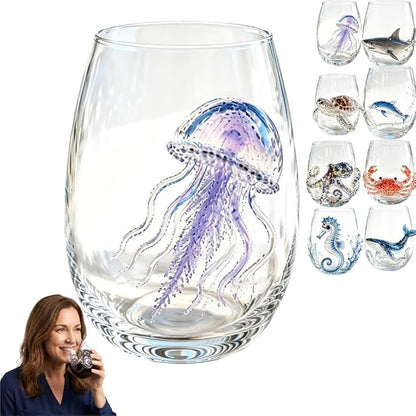 Artisanal Blue Ringed Octopus Glassware, 3D Ocean Glass Wine Glass，Jellyfish | by Unknown
