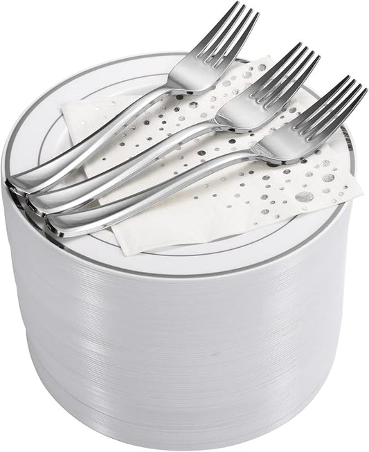 Stylish 7.5 Inch Silver Cake Plates with Disposable Forks and Cocktail Napkins (100 Set) - Small Appetizer Plates - Silver Plastic Dessert Plates - Plastic Cake Plates for Wedding Reception