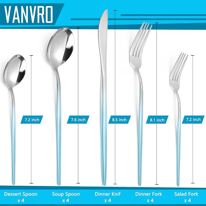 VANVRO Gradient Blue Silverware Set, 20 Piece Stainless Steel Flatware Set - Image 2