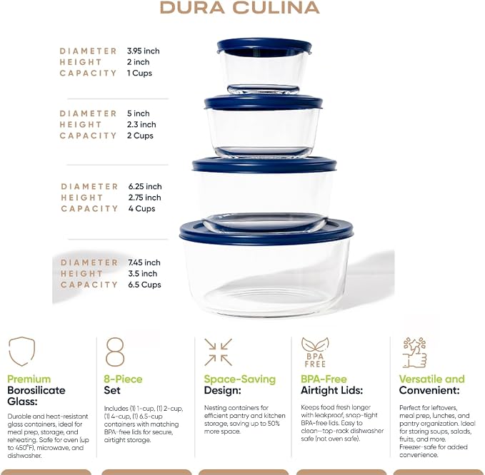 8-Piece Glass Food Storage Containers Set | Round, Microwave & Dishwasher Safe - Image 2