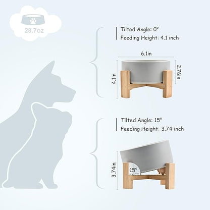 SPUNKYJUNKY 15° Slanted Ceramic Dog and Cat Bowl with Wooden Stand, Tilted Bulldog Food and Water Bowl No Slip Non-Spill for Cats Medium Dogs Big Face Pets 28.7 OZ (3.6 Cups, Grey)