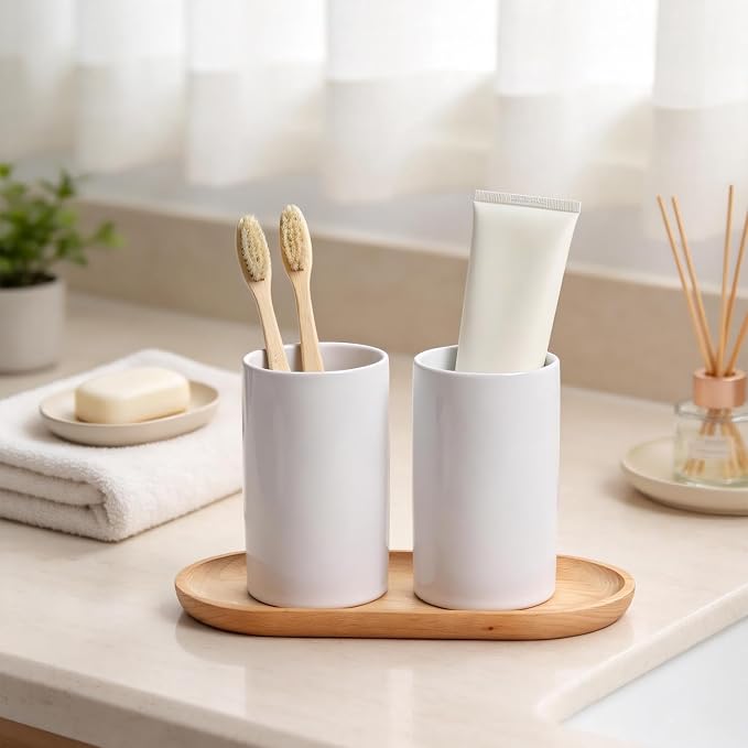 Gaolinci 2 Pcs Simple Solid Color Ceramic Mouthwash Cups, Bathroom Brushing Cup - Image 5