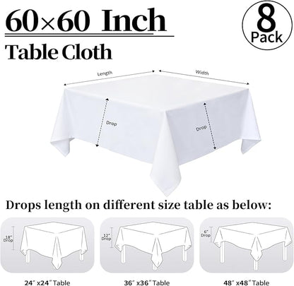 8 Pack White Square Tablecloth 60x60 Washable Polyester Table Cloth for Square or Round Tables, Wrinkle Resistant Fabric Decorative Covers for Dining Party Banquet Buffet and Wedding