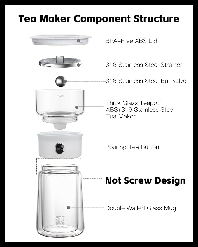 ZENS Modern Glass Infuser Pot, One Touch Tea Maker - Image 5