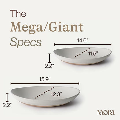 MORA Mega and Giant Serving Dishes Set of 2, 16 inch and 14 inch Ceramic Pottery Oval Platters - Microwave, Oven and Dishwasher Safe - Oat