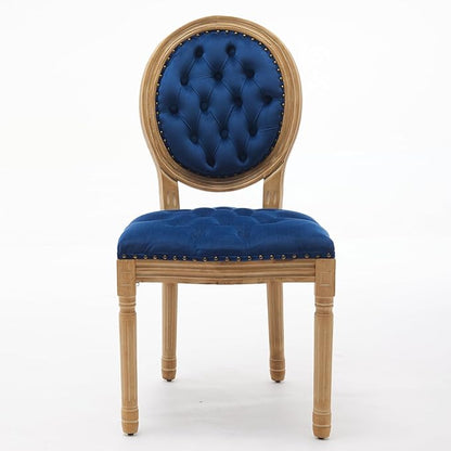 Ball & Cast French Vintage Upholstered Dining Chairs Set of 2, Button Tufted Kitchen Side-Chairs with Carved Antique Wood Frame & Nailhead Trims, 2-Piece Curved Backrest Louis Chair, Velvet Blue