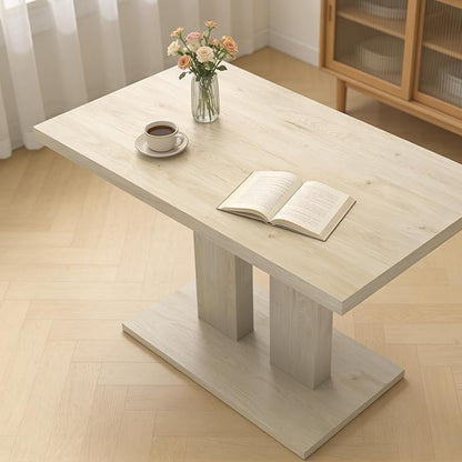 46" Dining Table for 4, Modern Rectangular Dining Room Table with Sturdy Pedestal Base, Thickened Tabletop, MDF Natural Wood Finish Kitchen Table for Breakfast Nook, Home & Apartment